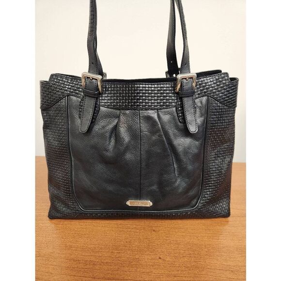 Cole Haan Black Woven and smooth Leather Hobo Bag with silvertone hardware - Picture 1 of 12